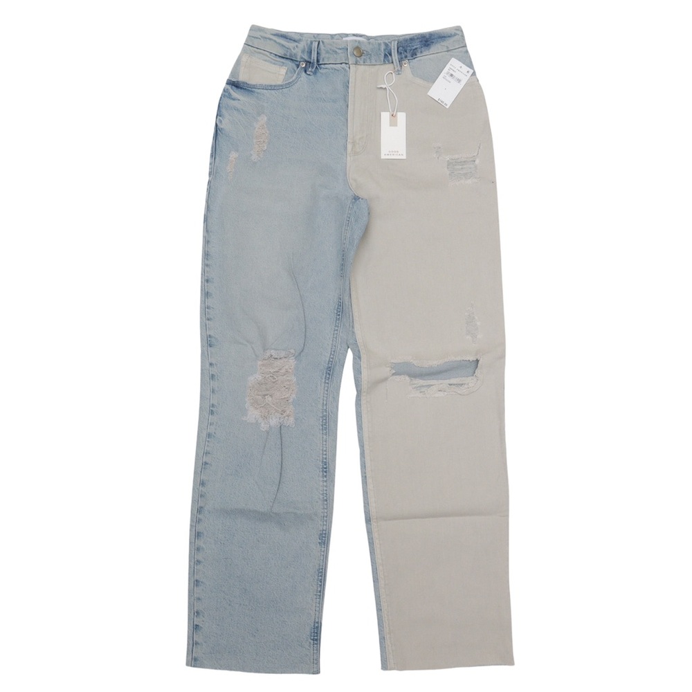 Good American Two-Tone Straight Jeans in Light Blue & Cream
